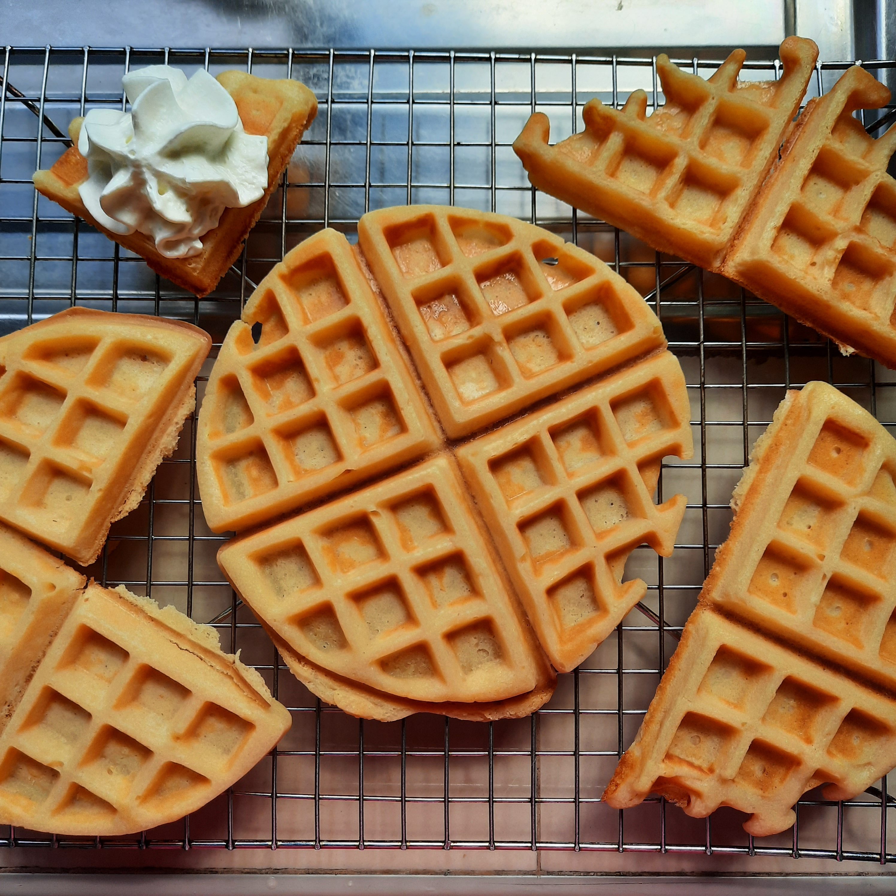 homemade waffle pieces on a rack